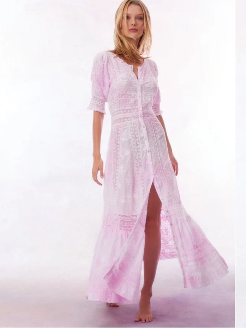 LoveShackFancy Pale Pink Lace Button-Front Maxi Dress
